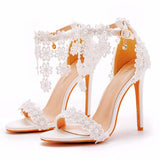 Tuxedo Sandals White Buckle Shoes Fine Heel Roman Sandals White Lace Heel Sandals HZ0115