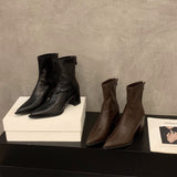 High Heel Thick-Heeled French Small Ankle Boots Women's Shoes 2025 Autumn And Winter Brown Plus Velvet Martin Boots Thin Short Boots HZ0115