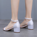5 Cm Square Heel Sandals Shallow Mouth With Buckle Sandals Ivory White Silk Satin Cloth Bride White Sandals Woman HZ0115