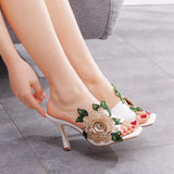 9 Cm Square Head High Heel Sandals Slippers Wine Glasses And Temperament Embroidered Flowers Women's Shoes White Fish Mouth Light Sandals HZ0115