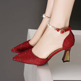 Large-Size Sharp-Headed Women's Shoes 2025 Summer New High-Heeled Fashion Beaded Professional Sandals Women HZ0115