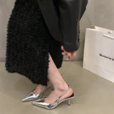 Silver High Heels Tips Temperament Sandals Fairy Shoes 2025 New Spring And Summer French Back Empty Single Shoes HZ0115