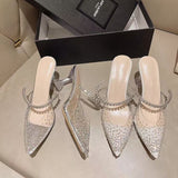 2025 Summer Fashion Outside Wearing A Pointed Water Drill Side Buckle High Heels Fairy Style Transparent Word With Fine Slippers HZ0115
