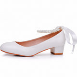 Large-Size 3 Cm Square-Head Single Shoe With A Single Shoe Buckle Mary Jane White Shoes Beads Ribbon Wedding Shoes HZ0115