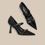 Naipa Black Temperament Word With Fine Heel High Heels Female Niche Design Metal Buckle Tip Light Mouth Single Shoe Woman HZ0115