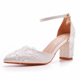 7 Cm Square Thick Heel Sharp In The Hollow Sandals Spring Square Side Light Female Shoes White Lace Net Bride High Heels HZ0115