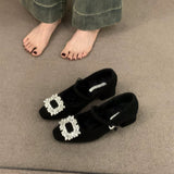 French Plus Plus Gray Mary Jane Hairy Shoes Women's Shoes 2025 Autumn And Winter Temperament High Heel Square Drill Single Shoes HZ0115