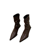 French Temperament High-Heeled Thin Short Boots Women's Shoes 2025 New Brown Autumn And Winter Plus Velvet Tip Boots Small Bare Boots HZ0115
