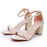 7 Cm Thick Heel And Light Mouth With Sandals Round Head Square Sandals White Pearl Wedding Shoes Size 44 Yards 45 Yards HZ0115