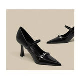 Naipa Black Temperament Word With Fine Heel High Heels Female Niche Design Metal Buckle Tip Light Mouth Single Shoe Woman HZ0115