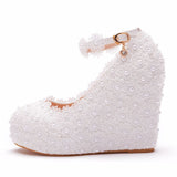 White Lace Wedding Shoes Slope Heel Single Shoes Buckle With Slope Heel Shoes Waterproof Table Large Size Shoes HZ0115