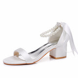 5 Cm Square Heel Sandals Shallow Mouth With Thick Heel Sandals White Beads Drifted Sandals Bride Wedding Sandals HZ0115