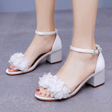 5 Cm Square Heel Sandals Light Mouth A Word With Coarse Heel Sandals White Flowers Color Lactin Ribbon Bridal Wedding Sandals HZ0115