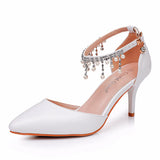 Thai Suzu Beads Large-Size High-Heeled Sandals Fine-Heeled Sandals White Pointed Shoes Female Wedding Wedding Bridal Sandals HZ0115