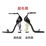 Ys Gold Letter High Heels Women 2025 New Word With Sandals Female Leather Letter Root Metal Sandals HZ0115