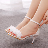 7 Cm Temperament Word With Light Mouth Fine Sandals White Flowers Wedding Shoes Fine Heel Small Summer Sandals HZ0115