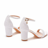 7 Cm Thick Heeled Shallow Word With Sandals Round Head Square Thick Heel Sandals White Pearl Sandals Wedding Shoes HZ0115