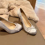 French Ballet Style High Heel Women 2025 New Silk And Satin Face Bow Round Head Temperament Single Shoe HZ0115