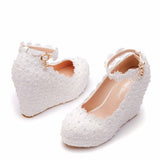 White Lace Wedding Shoes Slope Heel Single Shoes Buckle With Slope Heel Shoes Waterproof Table Large Size Shoes HZ0115