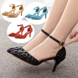 7 Cm Large-Size Sandals Fine Heel Head Water Drill High Heel Sandals Gold Water Drill High Heels Wedding Shoes HZ0115