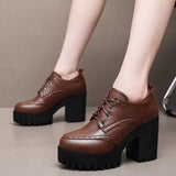 Dark Brown Bullock Women's Shoes With English Carved Small Leather Shoes Thick Heel High Heel Waterproof Table Round Head Deep Mouth Single Shoe HZ0115