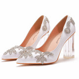 9 Cm Crystal Transparent Square Tip Single Shoe Bridal Shoes Silk Satin Cloth Diamond Skirt Shoes Wedding Shoes HZ0115