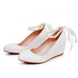 5 Cm White Beads Thick Bottom Heels Mary Jane's Shallow Mouth Single Shoe Ribbon Thin Wedding Dress High Heels HZ0115