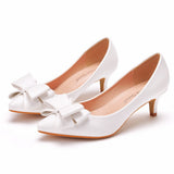 Bride Wedding Dress Tip Single Shoe Fine Heel Single Shoe Bow Tip Shoes Large White Wedding Shoes Low Heel HZ0115