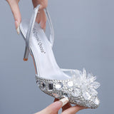 7 Cm Silver Light-Mouthed Pointed Sandals Water Drill Glass Fine Heel Sandals Large Wedding Shoes Bride Wedding Women's Shoes HZ0115