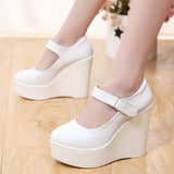 White High-Slope Single-Shoe Round Cheongsam Shoes Shallow Walking Shoes Waterproof Table Thick-Soled Size 43 Magic Sticker Women's Shoes HZ0115