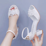 7 Cm Fish Mouth High-Heeled Sandals Shallow Mouth Lace Flower Large Size Sandals Bride Wedding Silk Satin Cloth Coarse Sandals Woman HZ0115