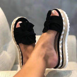 The New Bow One Word Thick Bottom Slope And Hemp Rope Large Size Women Sandals Quality Assurance HZ0115