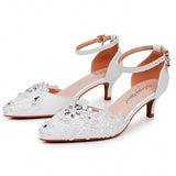 5 Cm Large-Size Sandals Fine-Heeled White Lace Water Diamond Wedding Shoes In The Pearl Bridal Dress Shoes HZ0115