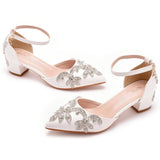 7 Cm Coarse Heel Pointed Shoes Hollow Shoes Square Sandals Water Drill Wedding Shoes Female White Wedding Shoes Diamond HZ0115