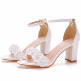 7 Cm Round Head With Thick Heel And Shallow Mouth With Sandals Beaded Flowers Wedding Dress Shoot High Heels Sandals HZ0115