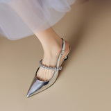 2025 Spring And Summer New French Diamond Soft Leather Silver Tip Behind The Back Of Mary Jane Single Shoes Small Heel Sandals Woman HZ0115