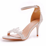 7 Cm Fine Heel Sandals White Buckle Shoes Fine Heel Roman Sandals Lace High Heel Sandals HZ0115