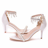 7 Cm Sexy Temperament Word With Shallow Mouth Fine High Heel Sandals White Fine Heel Beaded Sandals Size HZ0115