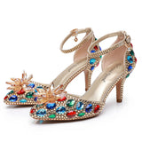 7 Cm Large-Size Sandals Fine Heel Head Crystal Glass High Heel Sandals Champagne Gold Banquet Dinner Women's Shoes HZ0115