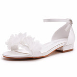 2 Cm Square With A Shallow Mouth With Buckle Sandals Ivory White Silk Satin Bridal White Flowers Sandals Woman HZ0115
