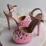 14Cm Fish Mouth High-Heeled Sandals Fine Heel Water Diamond Wedding Shoes Bride Shoes Color Diamond Crystal Sandals Full Of Diamond Shoes HZ0115