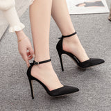 11 Cm Black Satin Noodles In The Air Pointed High-Heeled Sandals Fine High Heel Women Sandals Large Size Sandals HZ0115