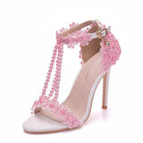 Sandals White Buckle Shoes Fine Heel Fish Mouth Roman Exposed Toe Sandals 11 Cm Beaded High-Heeled Sandals HZ0115