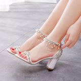 7 Cm Thick Heel Shallow Mouth With Beaded Sandals Square Sandals White Water Drill So Bridal Wedding Shoes Summer HZ0115