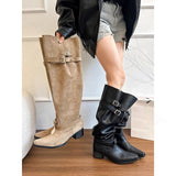 Big Cylinder Pile Boots Women's Boots 2025 Autumn New Pointed Thick And Two Belt Buckle Rider Boots High Boots HZ0115
