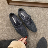 Square Head Plus Velvet Lefang Shoes Gray Mary Jane Woman With French Temperament Winter Model HZ0115