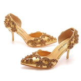 7 Cm Golden Water Diamond Wedding Shoes Fine Heel Pointed Sandals Hollow Two-Siped Sandals Banquet Crystal Wedding HZ0115