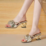 New Word Drag Flower Sandals Mountain Tea Coarse Heel Cool Slippers Women's Summer Fashion High Heel Fish Mouth Shoes Half-Tug HZ0115