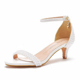High Heel Sandals White Buckle Shoes Fine Heel Fish Mouth Roman Sandals White Pearl Sandals HZ0115