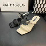 In The Summer Of 2025, The New Fine Heel With A Sexy Water Drill Black Sandals Wear High-Heeled Buckle With Cold Slippers HZ0115